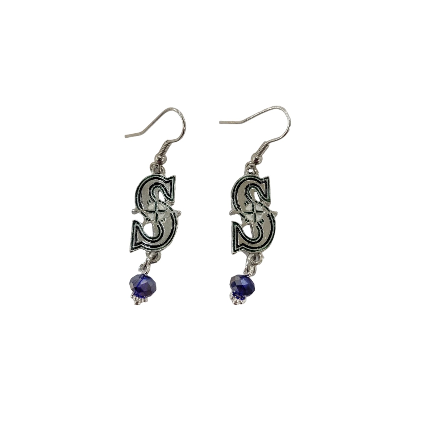Pair of silver earrings with blue beads on a white background