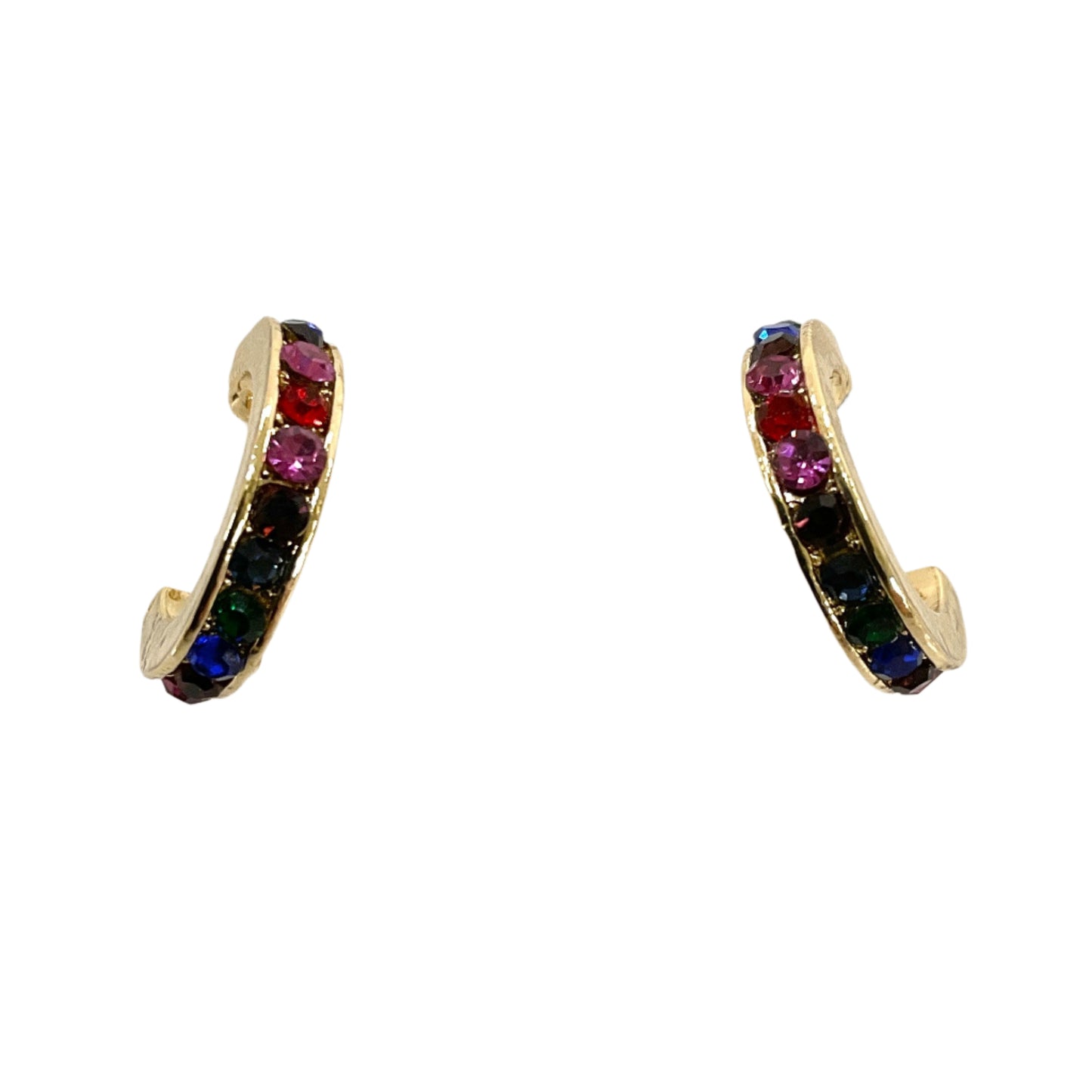 Pair of gold earrings with colorful stones on a white card with 'CLT Fashion' text.