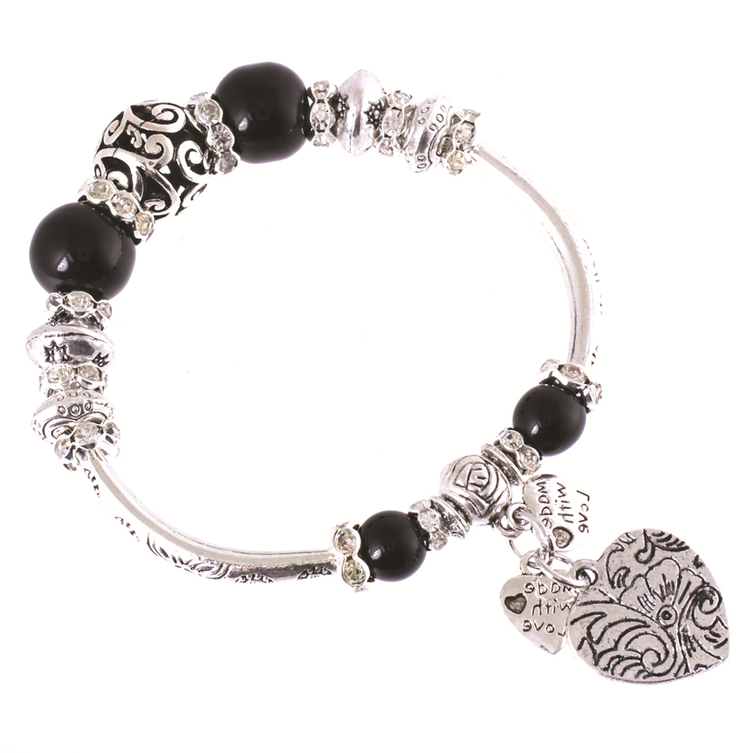Hearts Charm Beaded Bracelet #12-82229BK (Black)