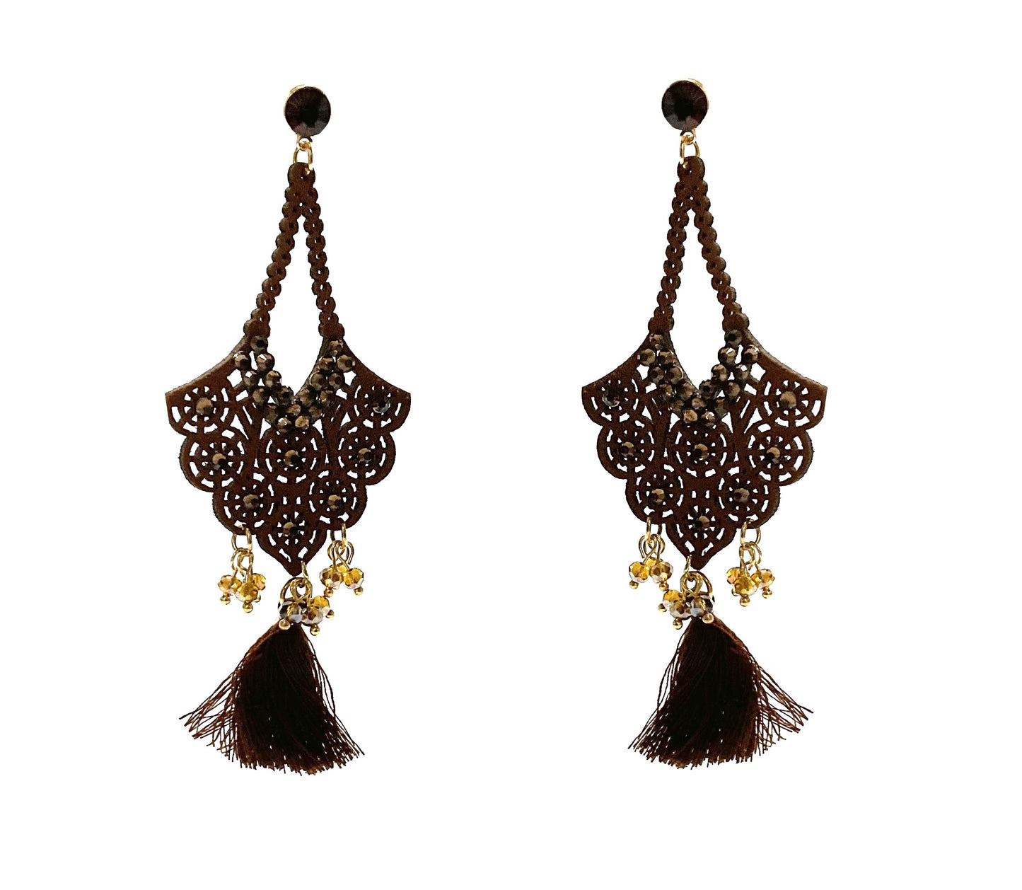 Cutout Design Tassel Earrings (Brown) #12-24720BN