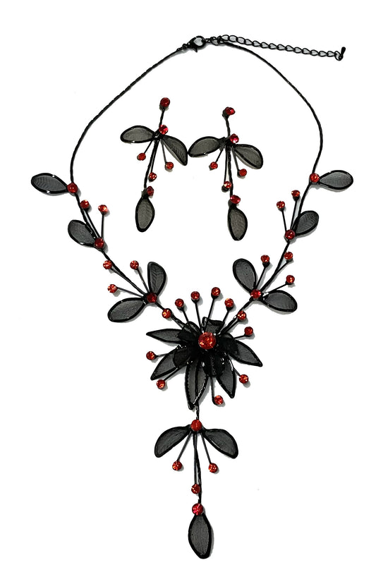 Mesh Flower Necklace/Earring Set (Red) #66-23176RD