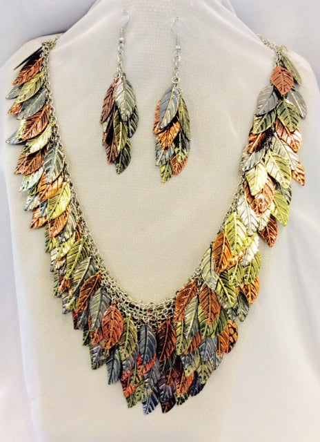 Multi Leaf Necklace and Earrings Set#28-11222