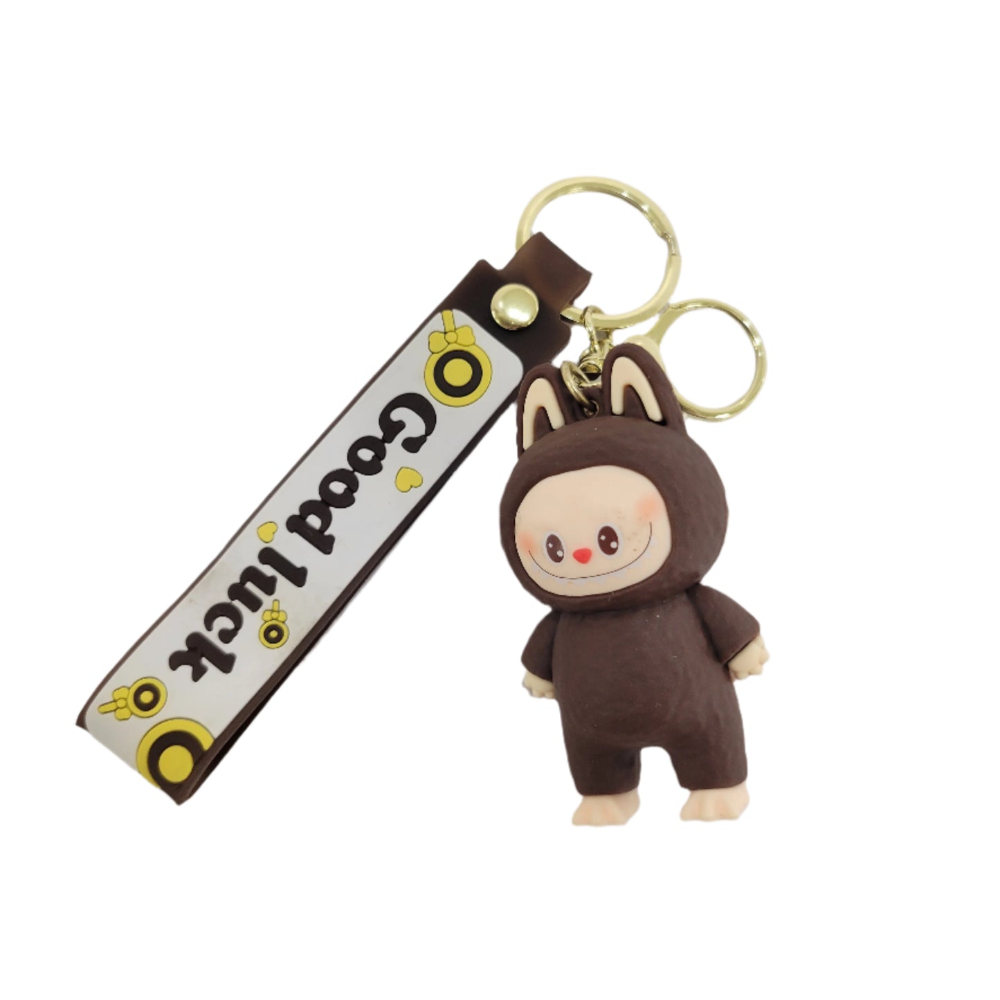 Keychain with Bunny charm and 'Good luck' tag on a gray background
