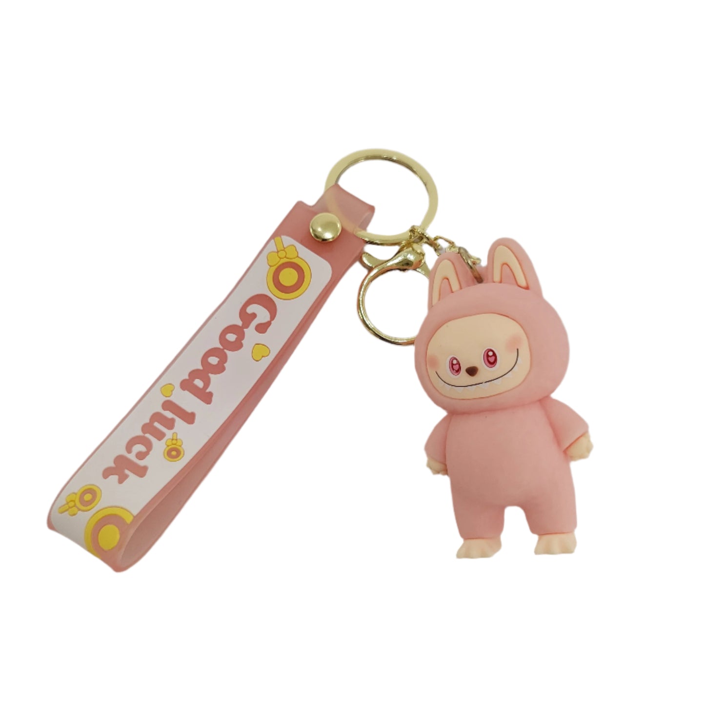 Pink Bunny keychain with 'Good luck' tag on a light gray background