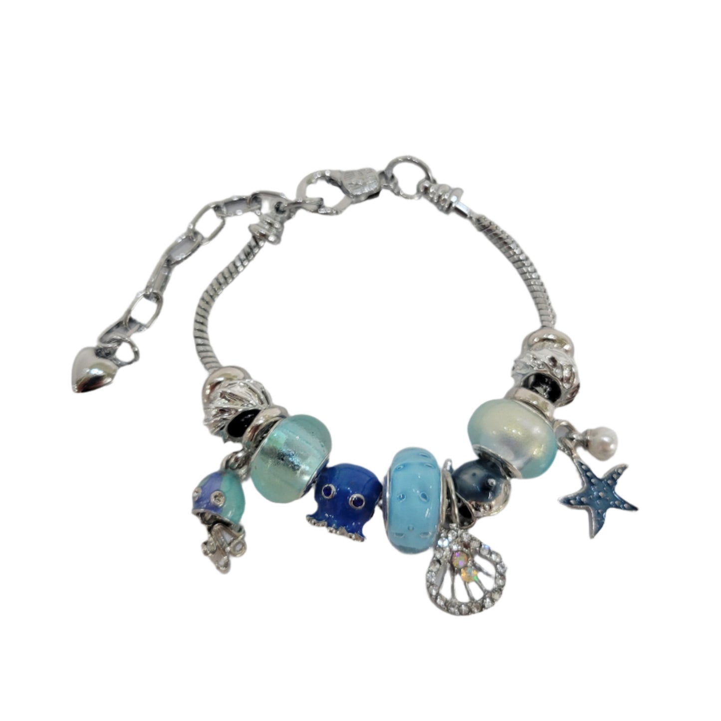 Bracelet with blue beads and star charm on a light gray background