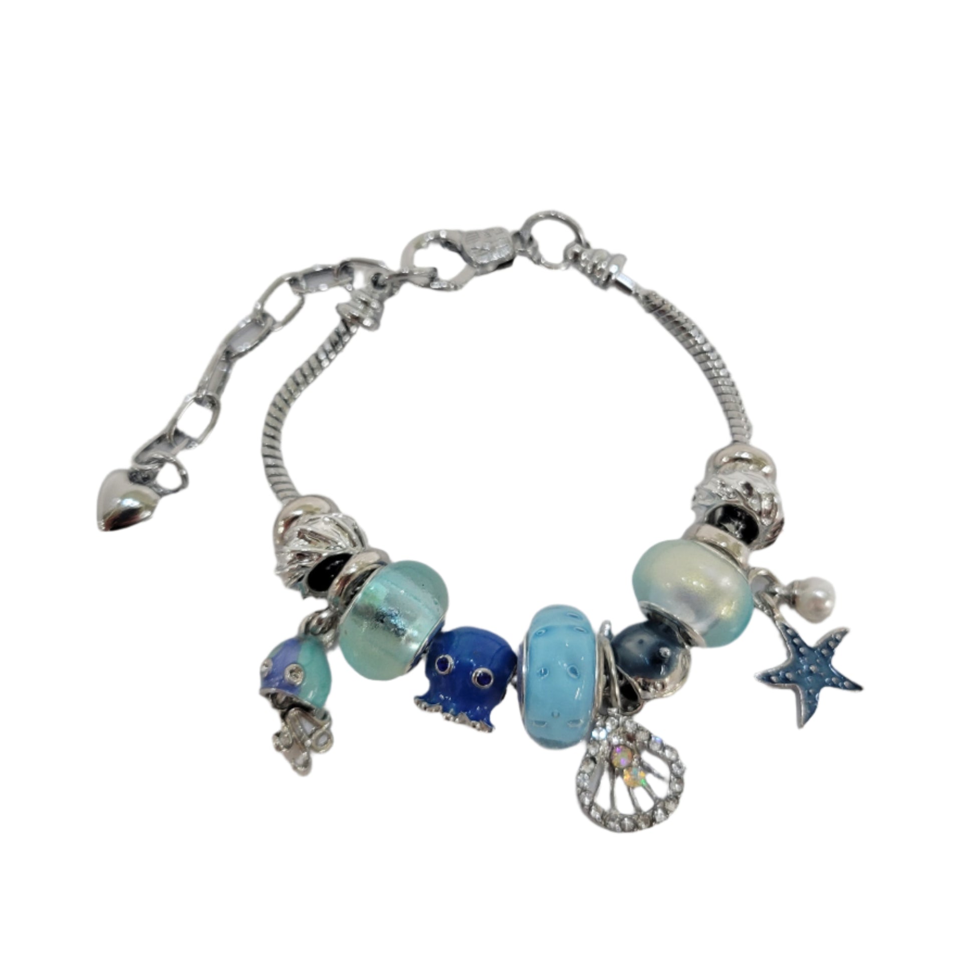 Bracelet with blue beads and star charm on a light gray background