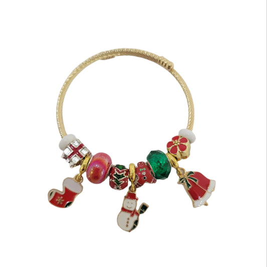 Gold bracelet with colorful charms on a white background