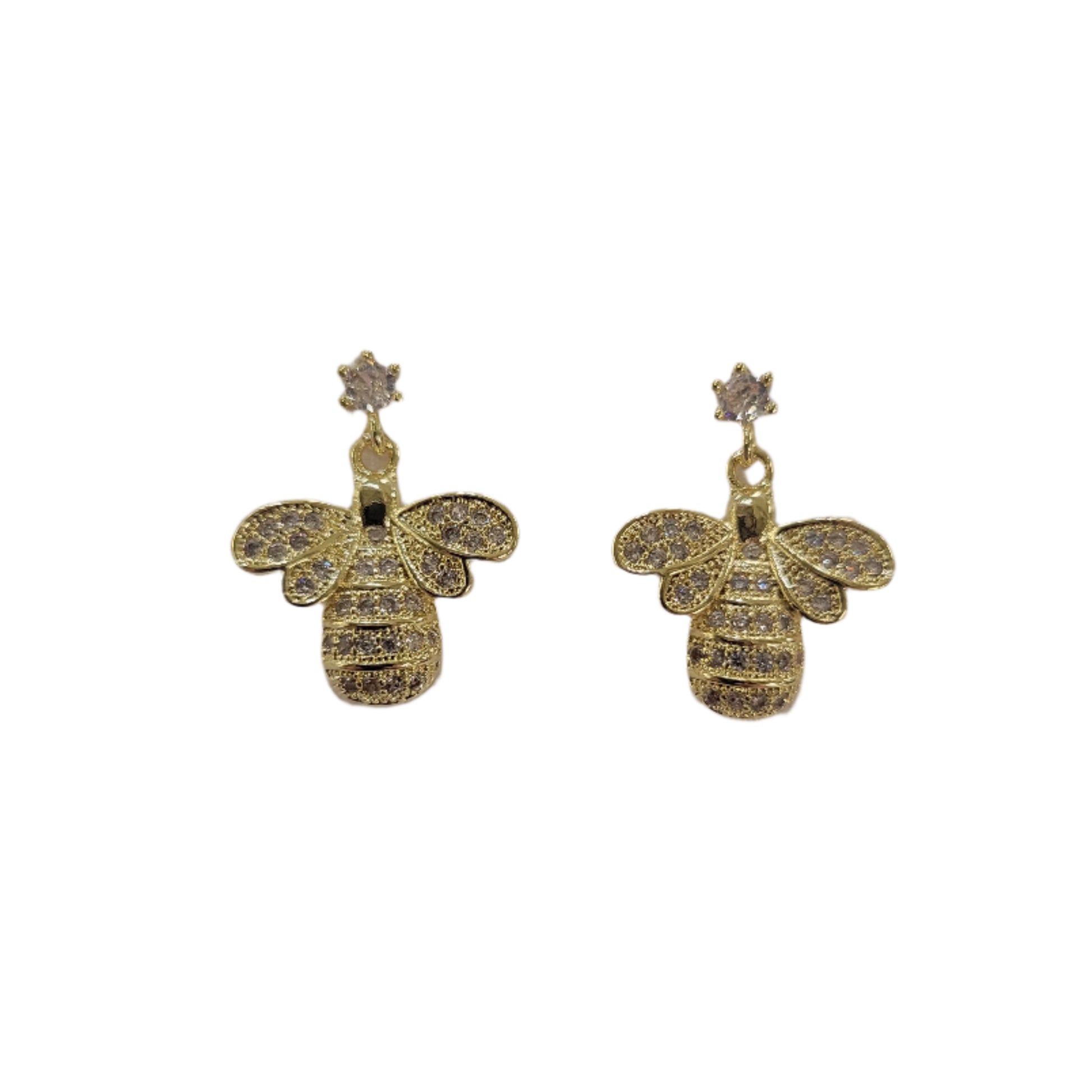 Gold bee-shaped earrings on a 'Fashion Jewellery' card with a blurred background.