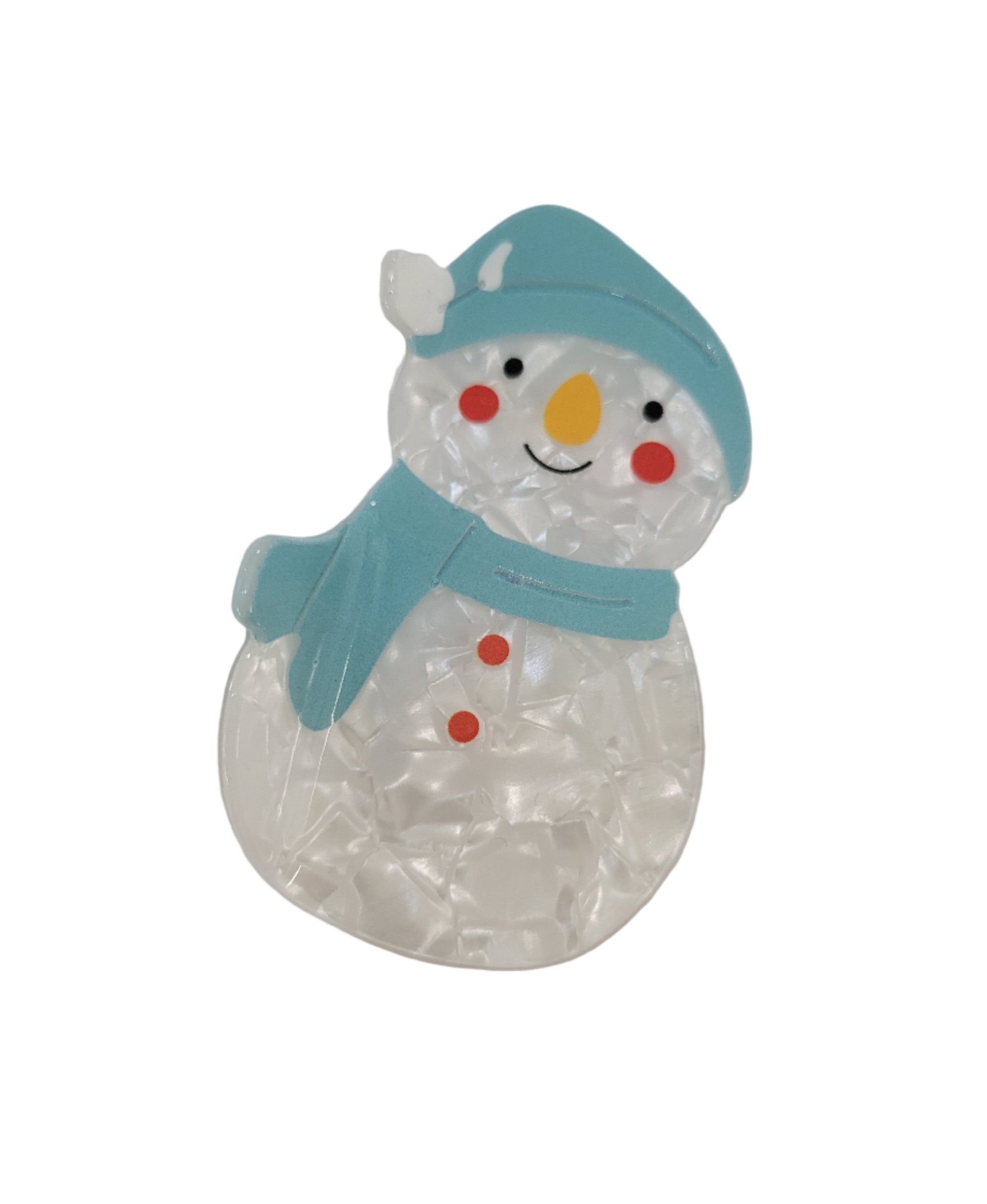 Transparent snowman-shaped object with a blue hat and red buttons on a white background