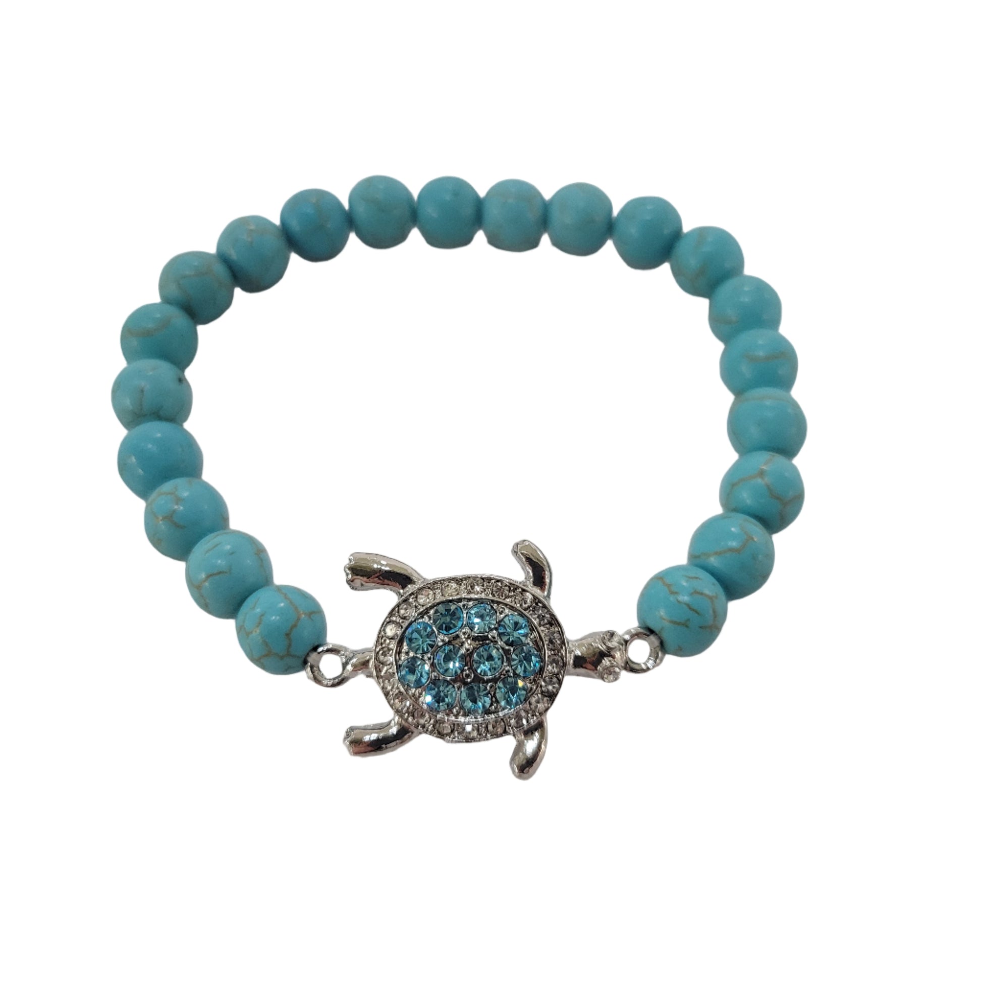 Turquoise beaded bracelet with a silver turtle charm on a white background