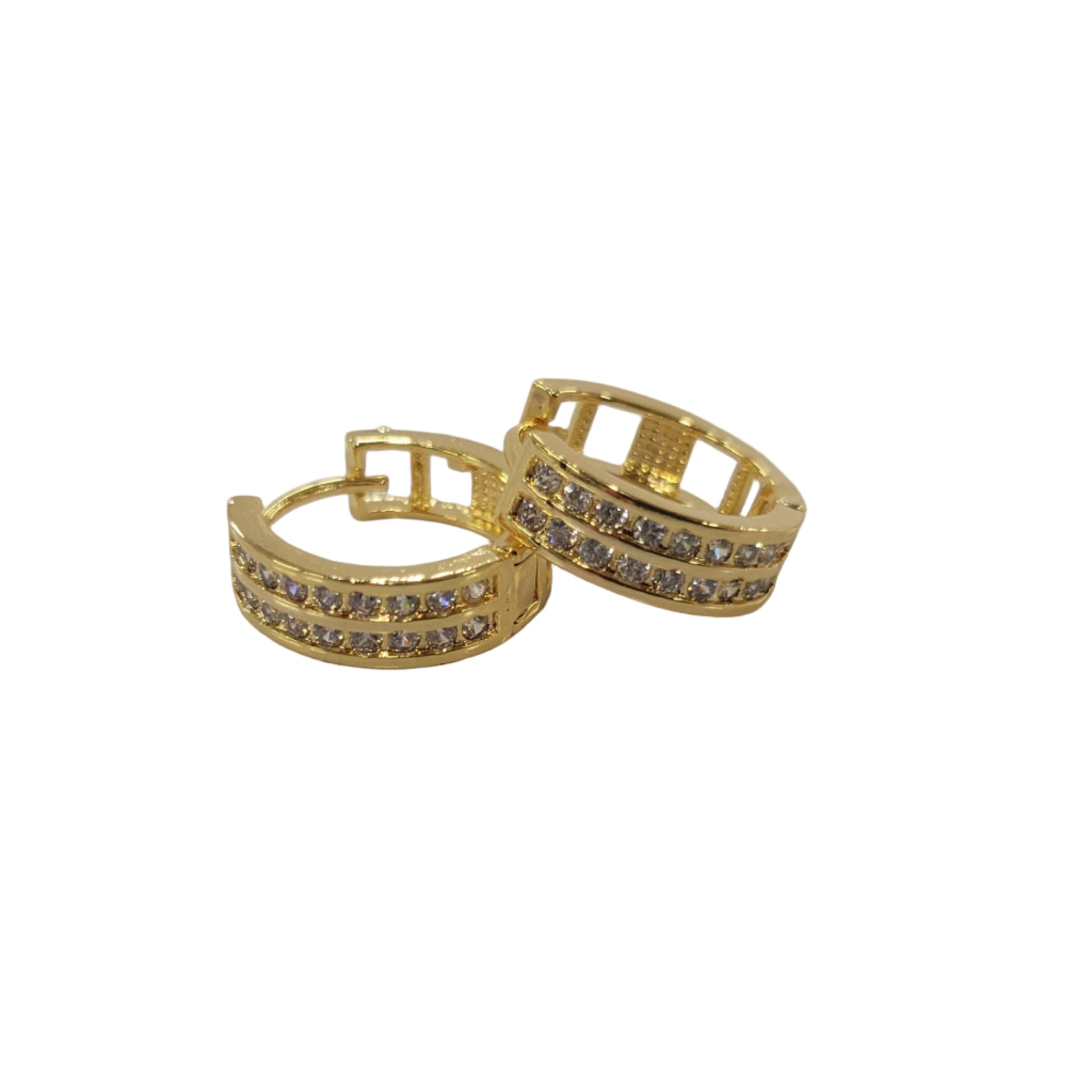 Gold hoop earrings with embedded stones on a light gray background