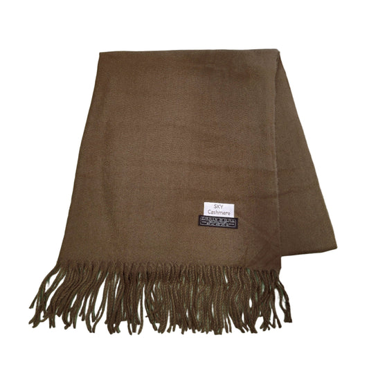 Brown scarf with fringes on a light gray floor