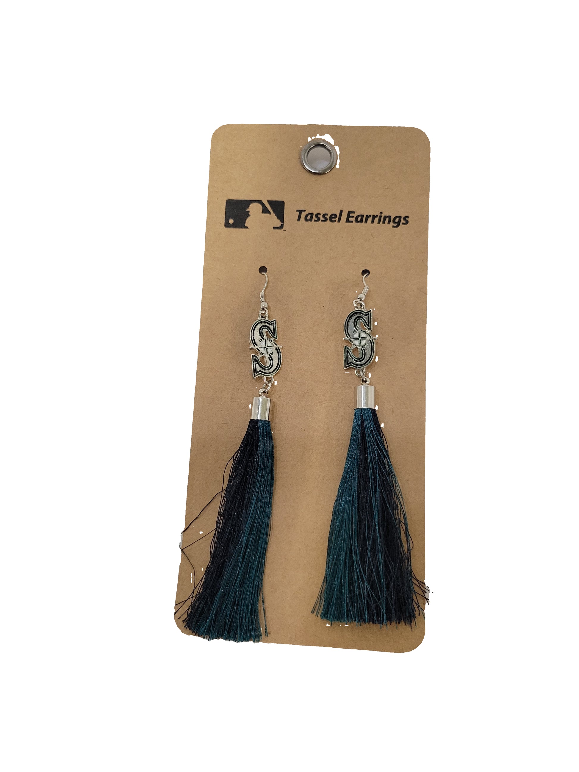 Tassel earrings on a cardboard backing with visible brand logo.