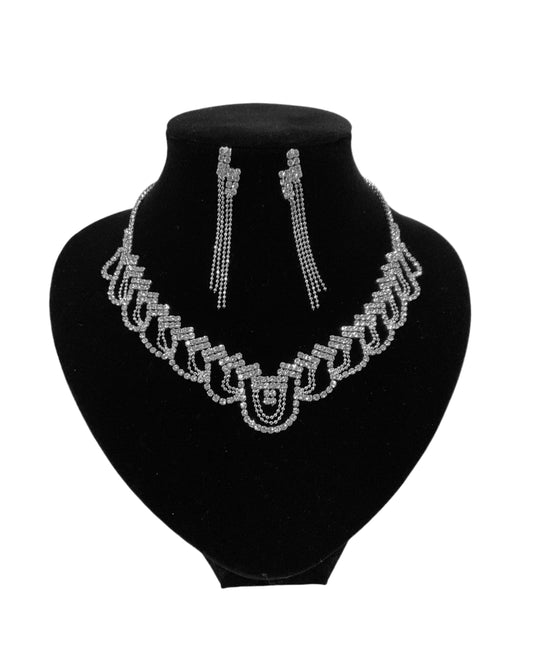 Rhinestone Necklace Earring Set #66-14115S (Silver)