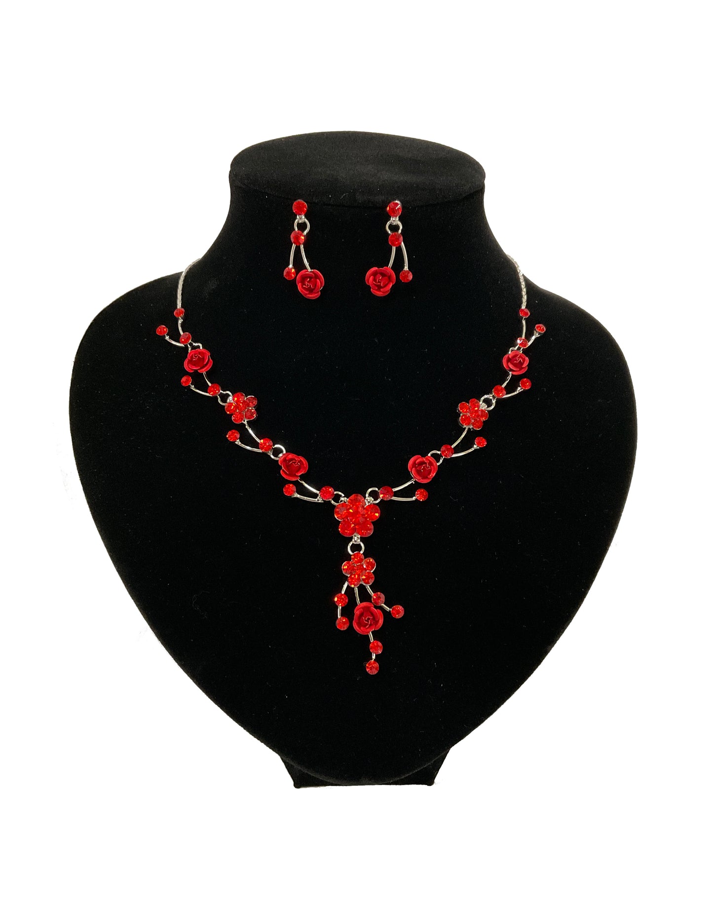 Tiny Rose Necklace-Earring Set #66-23158RD (Red)