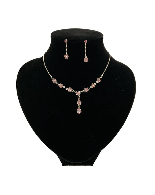 Tiny Flower Necklace-Earring Set#28-11133PK (Pink)