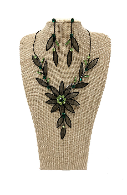 Mesh Flower Necklace Earring Set (Green) #66-23198GN