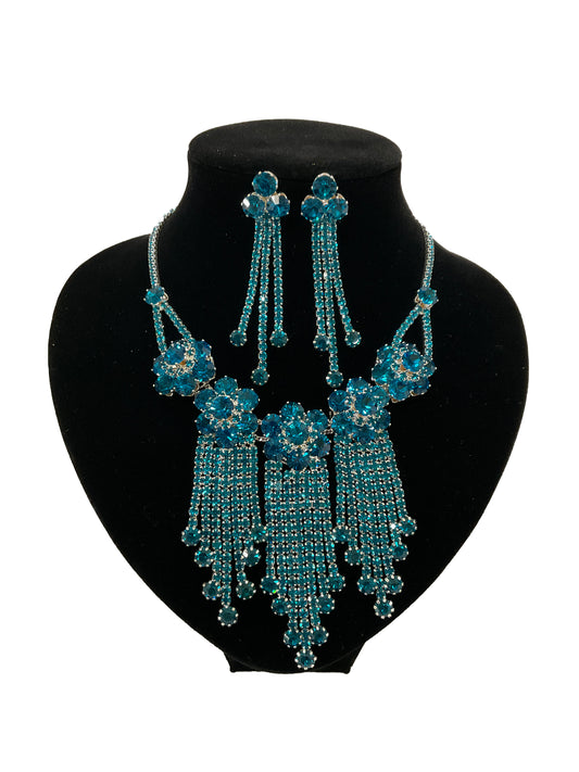 Flower Dangling Style Necklace and Earrings Set#66-14060Teal