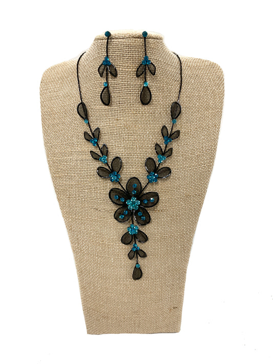 Mesh Flower Necklace/Earring Set (Aqua) #66-23199AQ