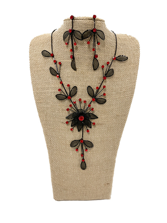 Mesh Flower Necklace/Earring Set (Red) #66-23176RD