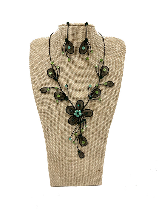 Mesh Flower Necklace/Earring Set (Green) #66-23200GN