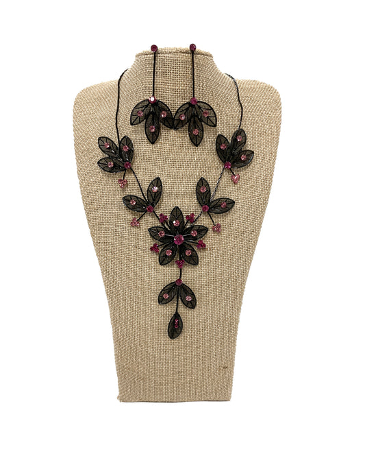 Mesh Flower Necklace/Earring Set (Pink) #66-23177PK