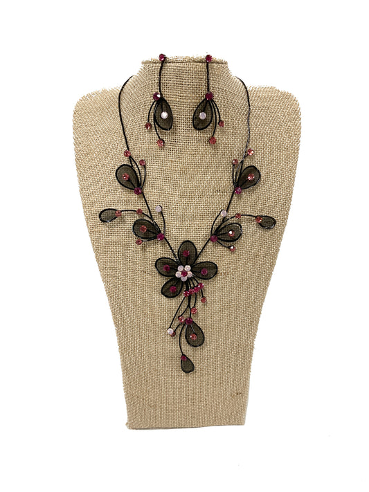 Mesh Flower Necklace/Earring Set (Pink) #66-23200PK