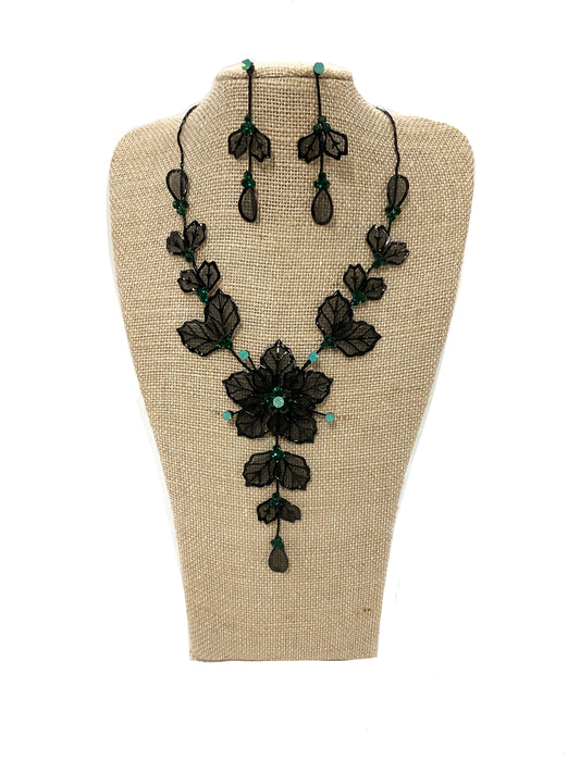 Mesh Flower Necklace/Earring Set (Emerald) #66-23174EM