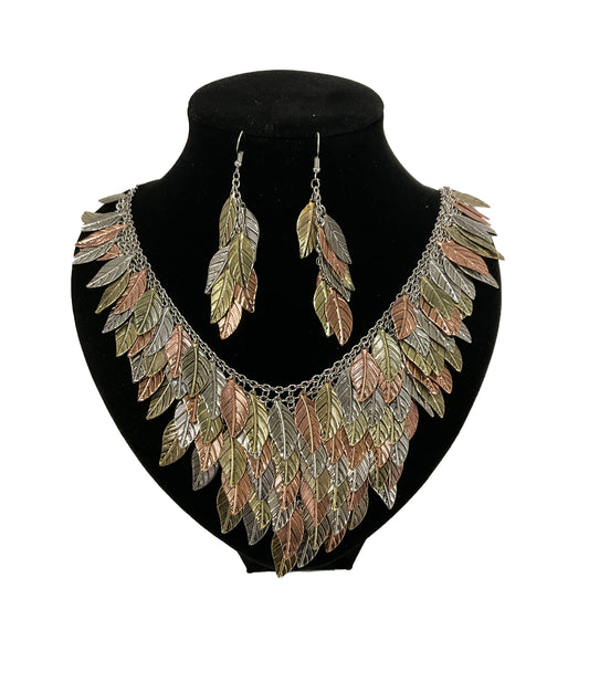 Multi Leaf Necklace and Earrings Set#28-11222