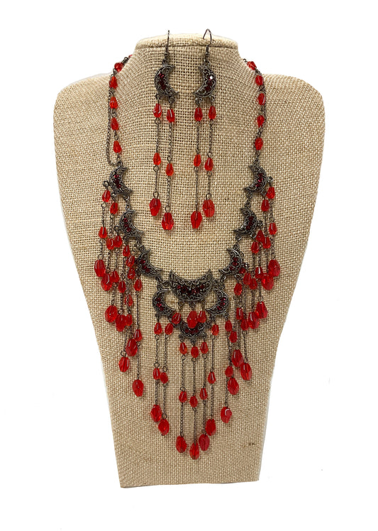 Moon Drop Necklace/Earring Set (Red) #66-2033RD