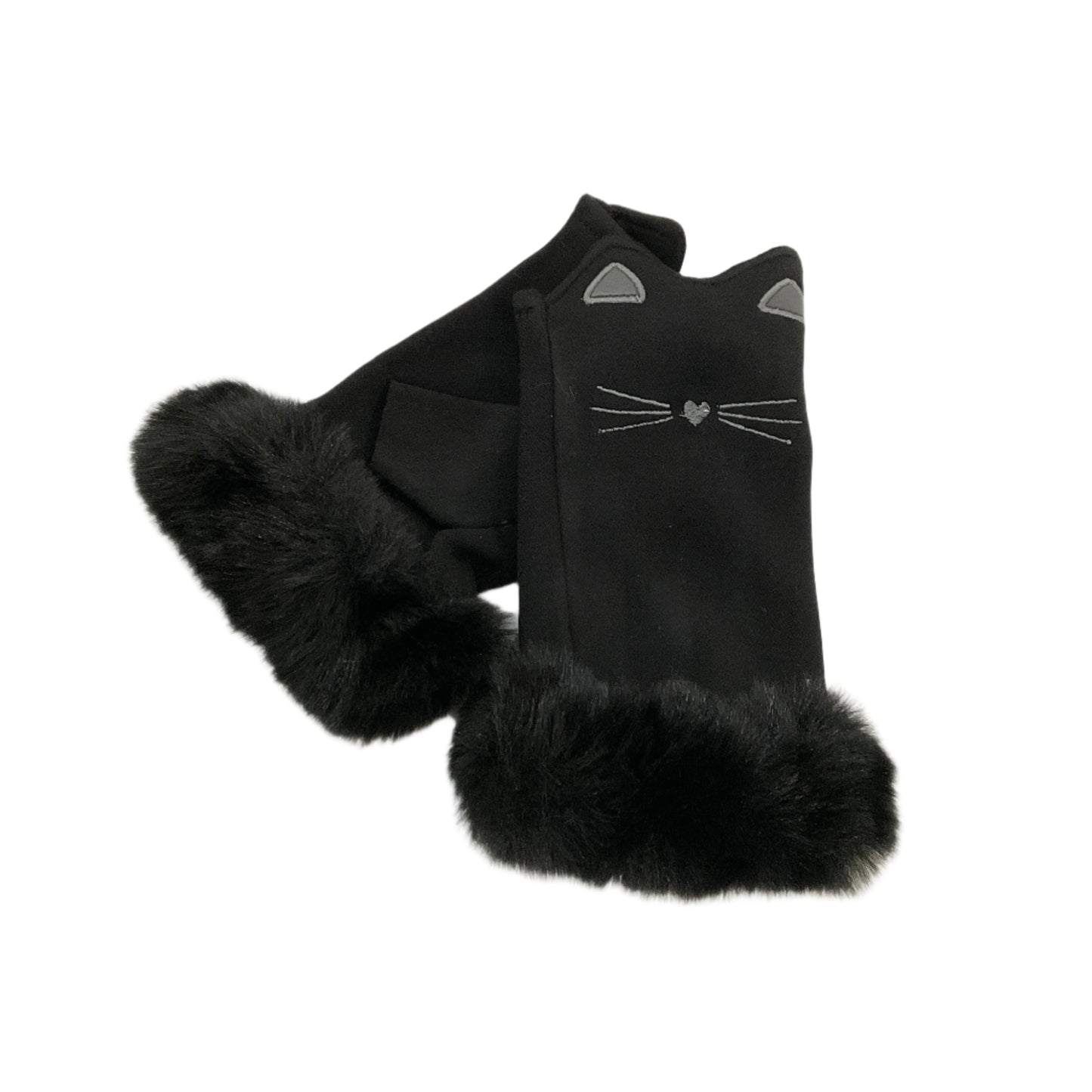 Black cat-themed glove with fur trim on a white background