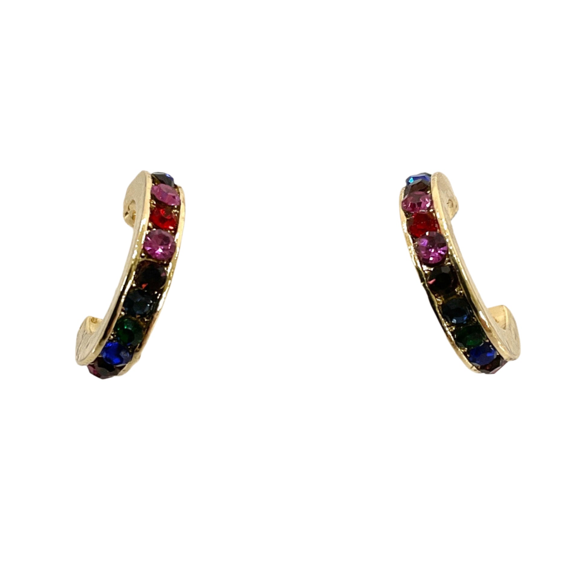 Pair of gold earrings with colorful stones on a white card with 'CLT Fashion' text.