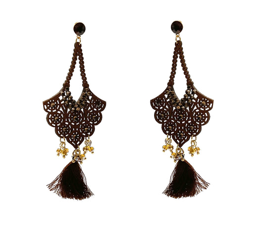 Cutout Design Tassel Earrings (Brown) #12-24720BN