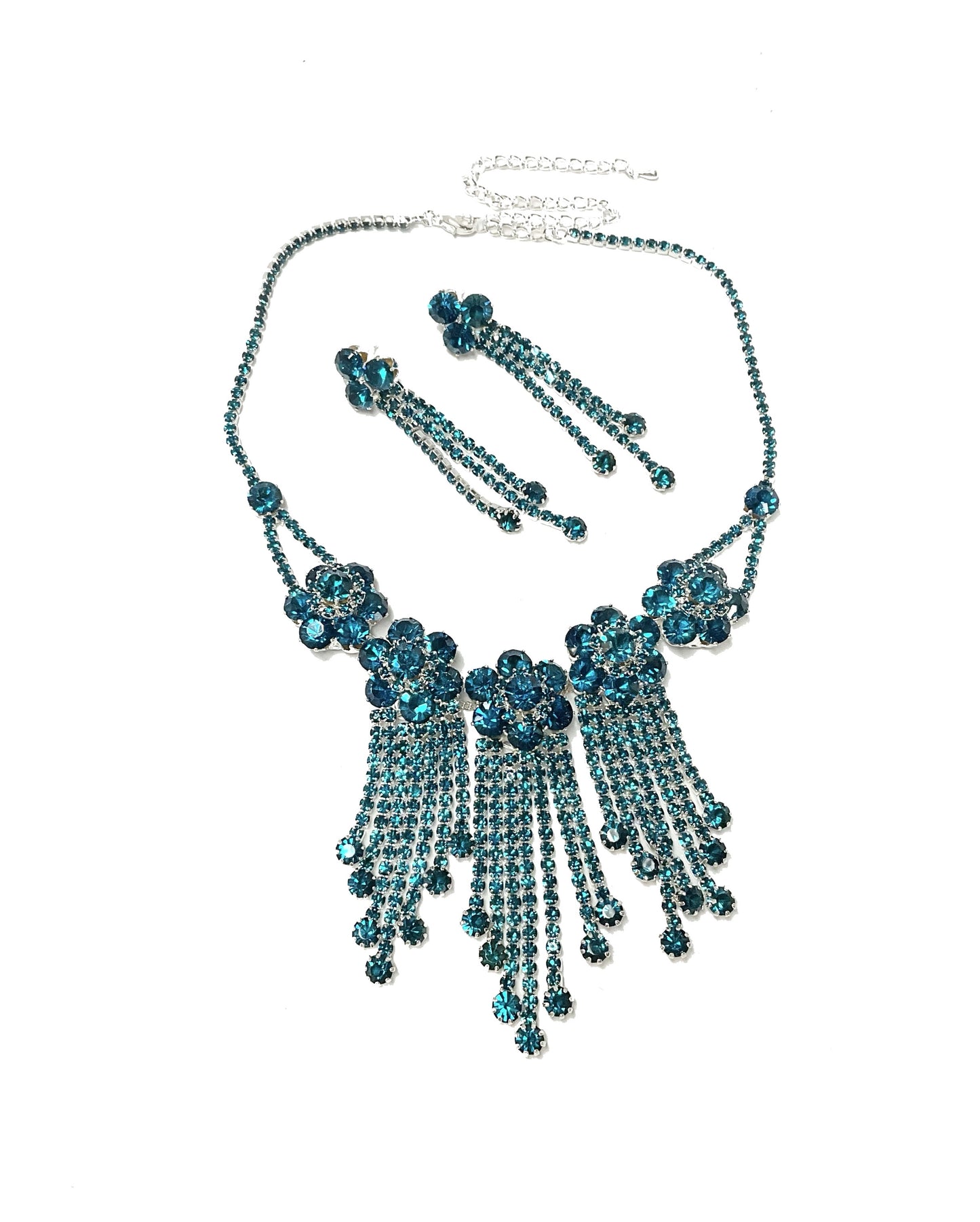 Flower Dangling Style Necklace and Earrings Set#66-14060Teal