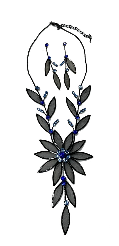 Mesh Flower Necklace Earring Set (Blue) #66-23198BL