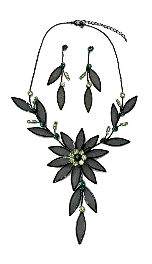 Mesh Flower Necklace Earring Set (Green) #66-23198GN