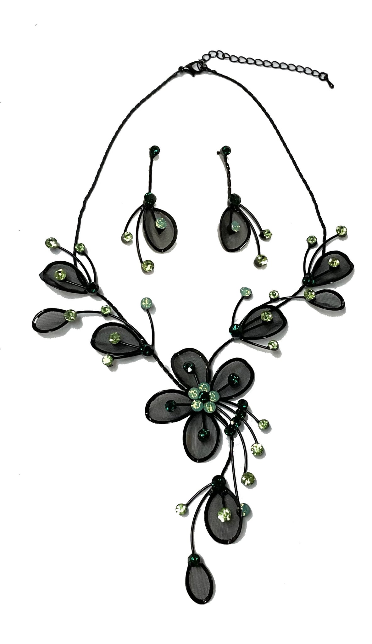Mesh Flower Necklace/Earring Set (Green) #66-23200GN