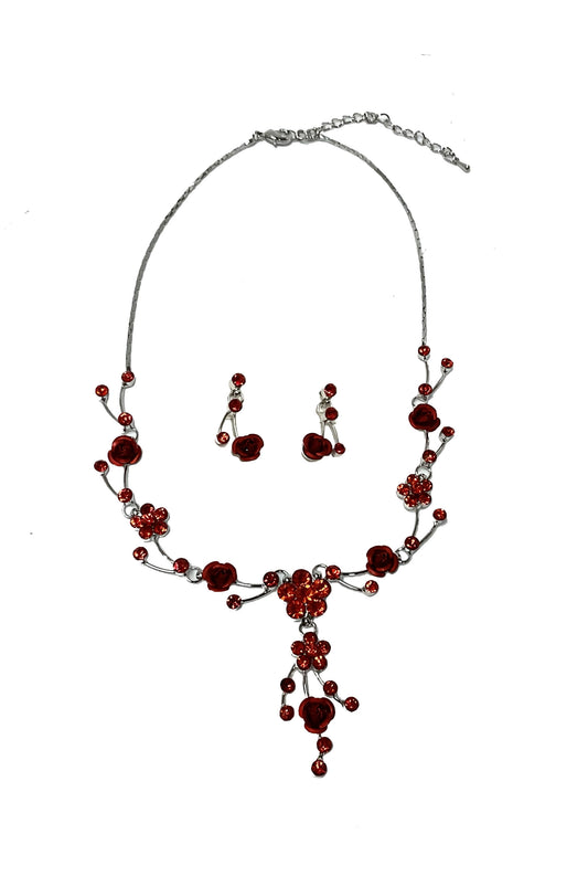 Tiny Rose Necklace-Earring Set #66-23158RD (Red)