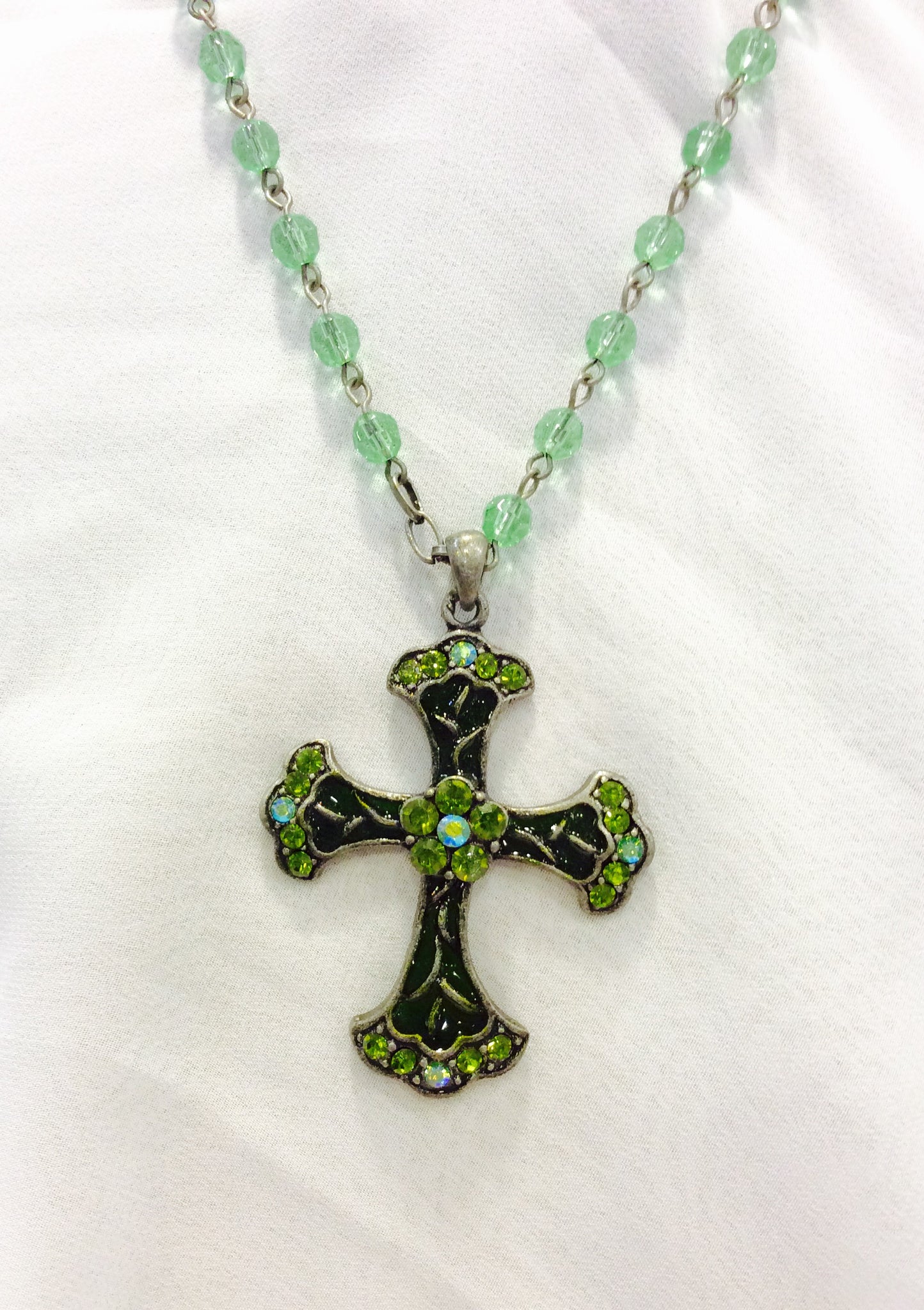 Large Cross Beaded Pendant Necklace #67-6156GN (Green)