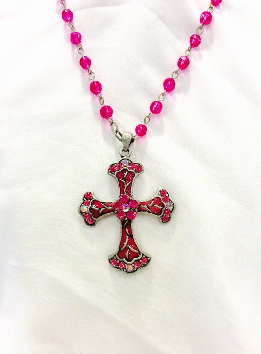 Large Cross Beaded Pendant Necklace #67-6156PK (Pink)