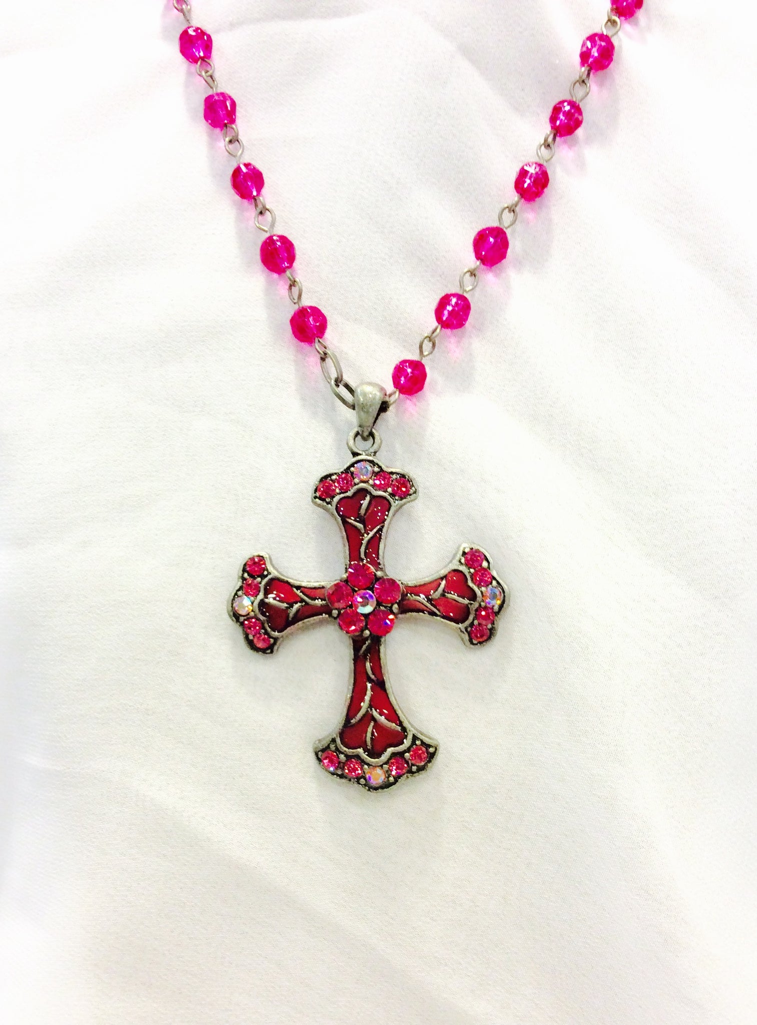 Large Cross Beaded Pendant Necklace #67-6156PK (Pink)