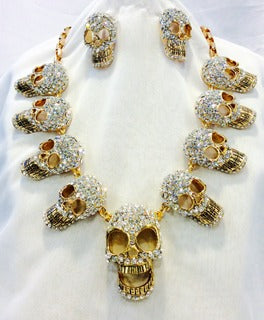 Skull Head Necklace and Earrings Set #60-13574GD