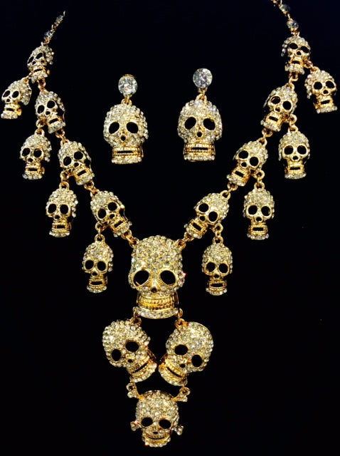 Skull Head Necklace and Earrings Set#60-14046GD